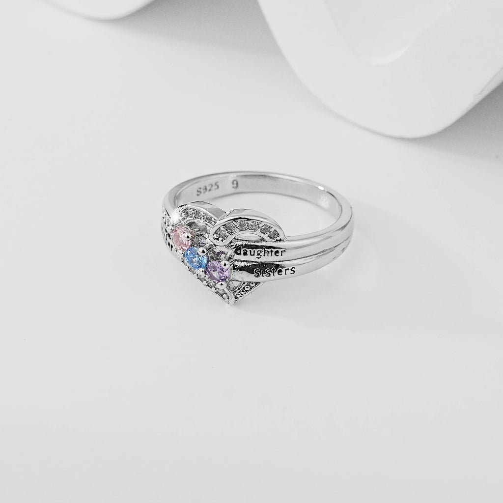 Mother Daughter Sisters Heart Ring, 925 Silver Plated with 3 Colorful Zircon Stones, Engraved Family Love Jewelry Gift for Women