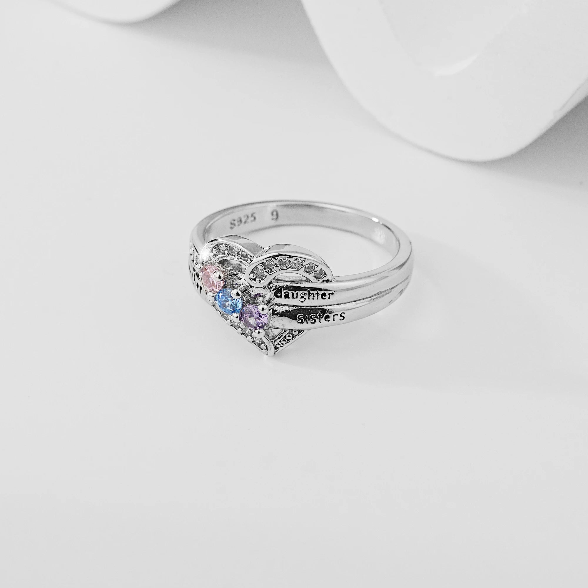Mother Daughter Sisters Heart Ring, 925 Silver Plated with 3 Colorful Zircon Stones, Engraved Family Love Jewelry Gift for Women