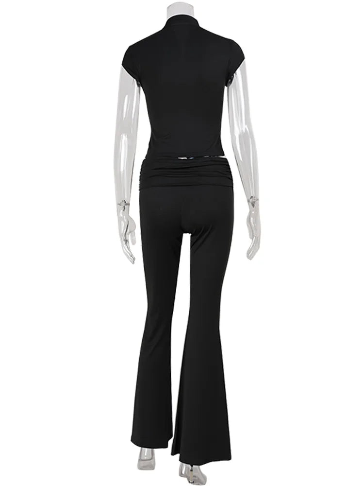 Casual Sheath Women Suit Fashion Sexy Street Short Sleeves Hollow Out 2 Pieces (Tops+Long Pant) Matching Sets Female Tracksuit