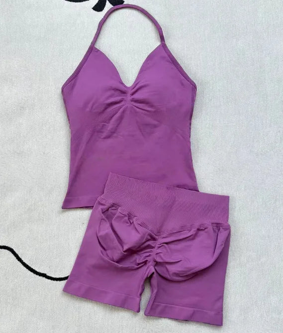 Workout Set 2 Pieces Sports Set Women Backless Tank Tops High Waist Scrunch Seamless Shorts Sport Suit Gym Set Sportswear