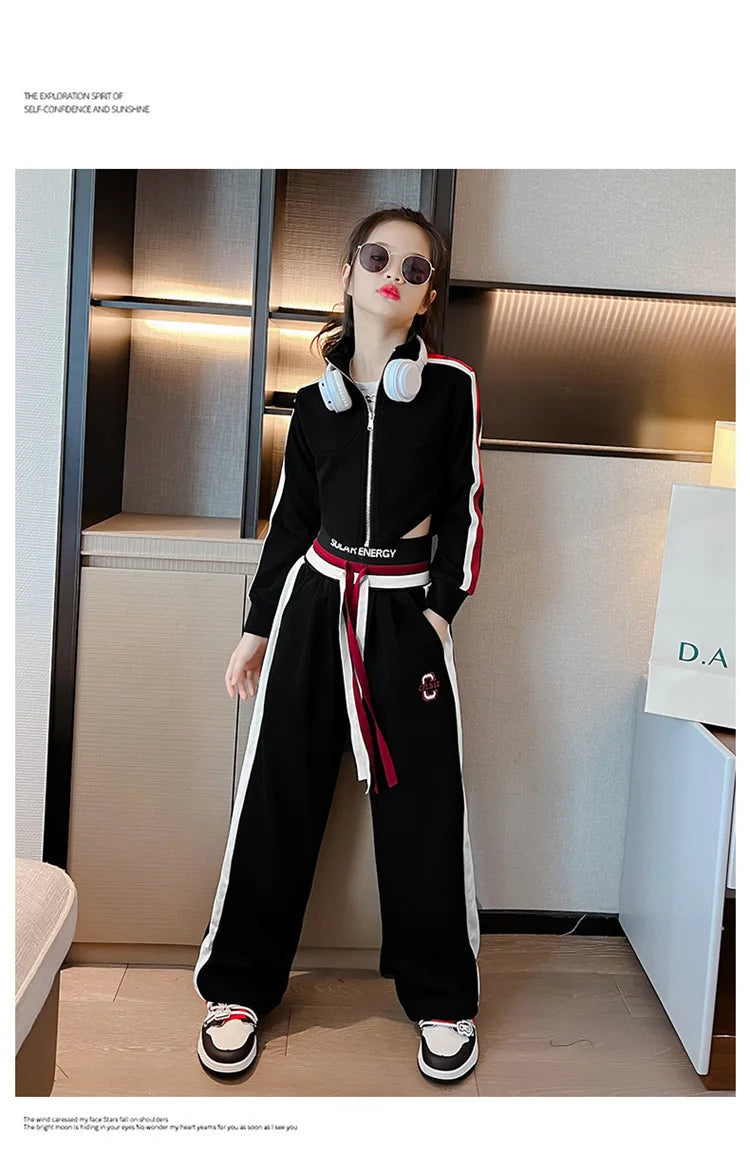 Childrens teenager girls Clothing Set Casual Sportwear Striped Short Top+Wide leg Pant 2pcs Girls Elastic Waist Trousers 4-15