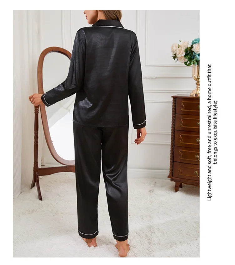 Women Satin Pajamas Autumn Long Sleeve Buttons Lapel Top & Pants Sleepwear 2 Piece Button-Down Pj Set Homewear Cozy Lounge Set