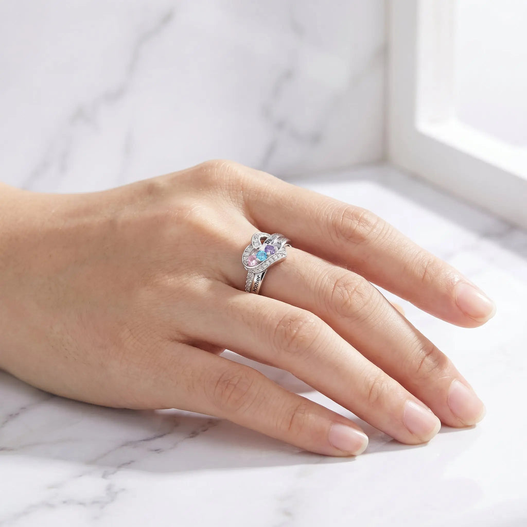 Mother Daughter Sisters Heart Ring, 925 Silver Plated with 3 Colorful Zircon Stones, Engraved Family Love Jewelry Gift for Women