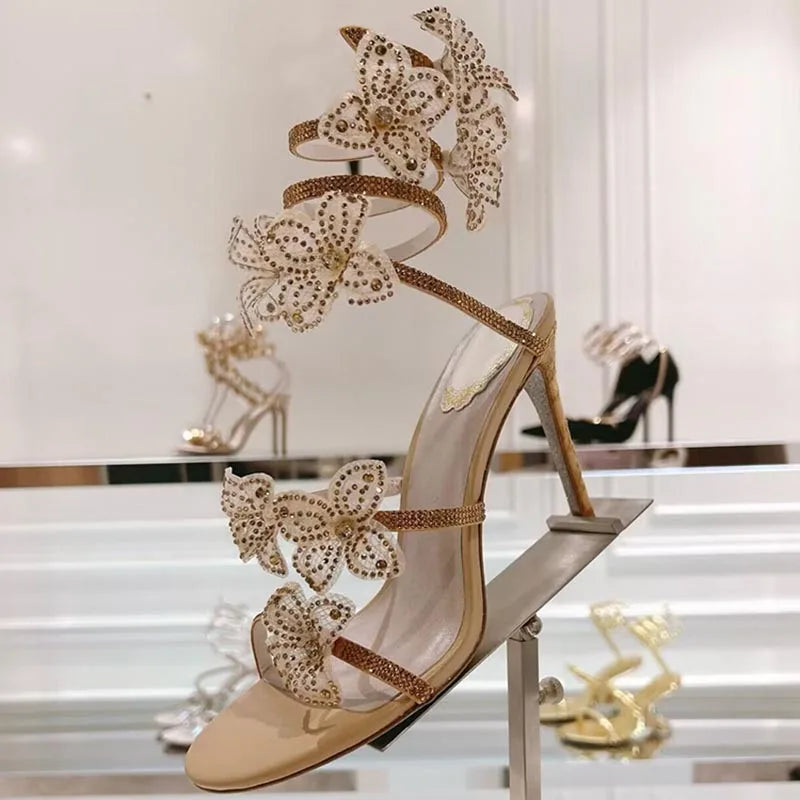 Sandalias Women Rhinestone Flower Decor Dress Shoes Snake Shaped Elastic Strap Thin High Heels Sandals Summer Bridesmaid Shoes