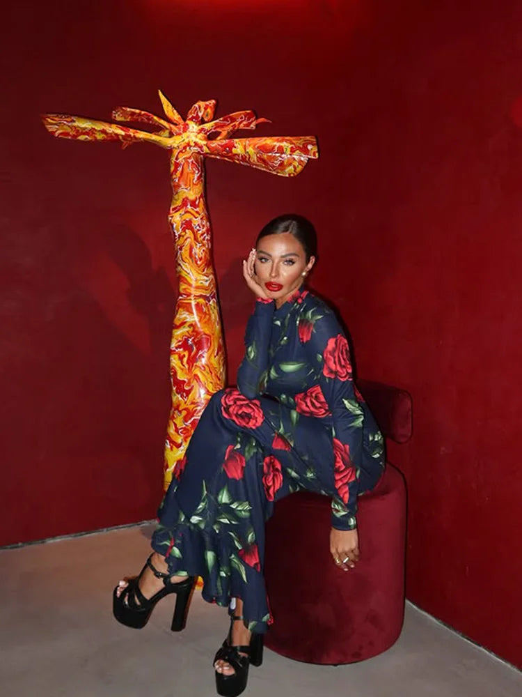 CNYISHE Flower Prints O Neck Women Dresses Sheath Trendy Fashion Elegant Evening Party Outfits Female Bodycon Long Sleeve Robes