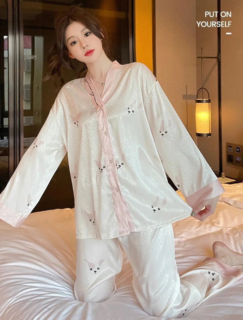 Maternity 2-Piece Set of Ice Silk Pajamas Comfortable Silk Long-Sleeved Trousers Herringbone Pattern Jacquard Silk Loungewear