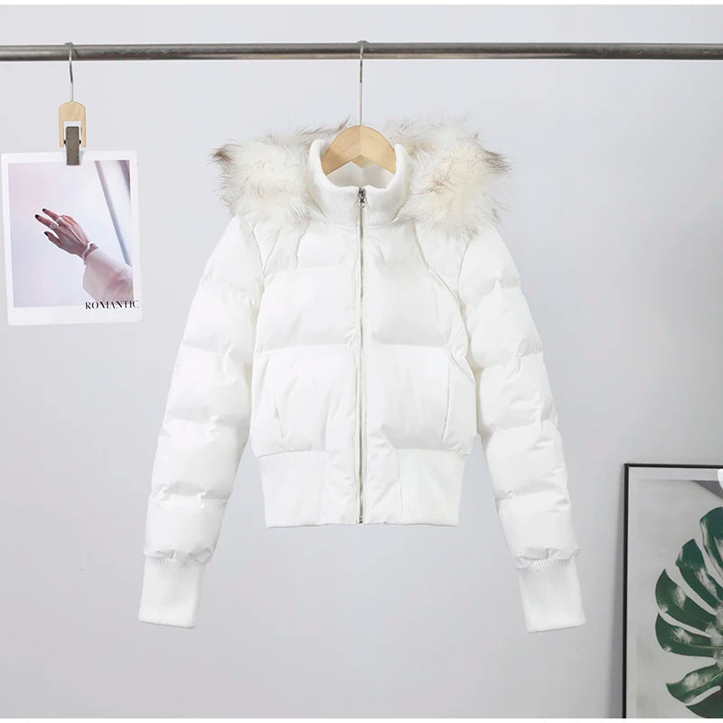Chic Fur Collar Hooded Women's Cotton Jacket Solid Zipper Slim Waist Pocket Warm Thick Coat 2025 Autumn Winter Lady New Outwear
