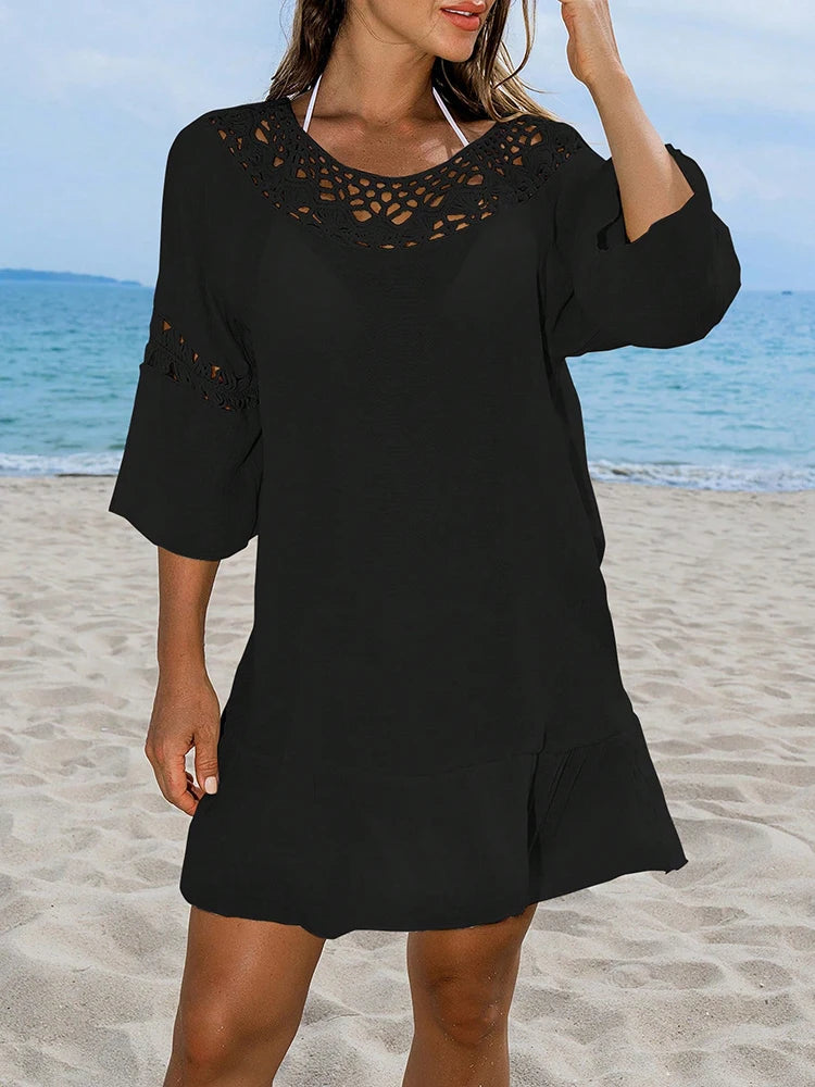 Sexy Hollow Out Beach Dress Women Hand Hook Stitching Crochet Swimsuit Cover Up Vestidos Female Bathing Suit Cover-Up Mini Dress