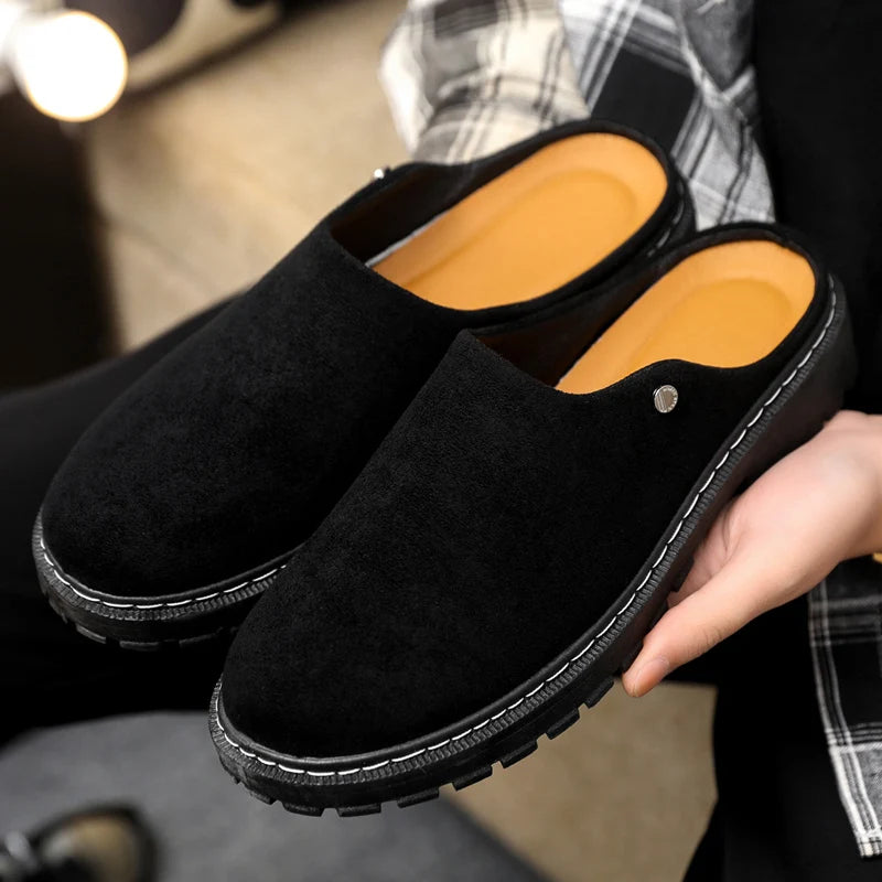 Black Men's Half Shoes Summer Casual Shoes Comfortable Suede Leather Shoes For Men Loafers Breathable Slip-on Shoes Man Slippers