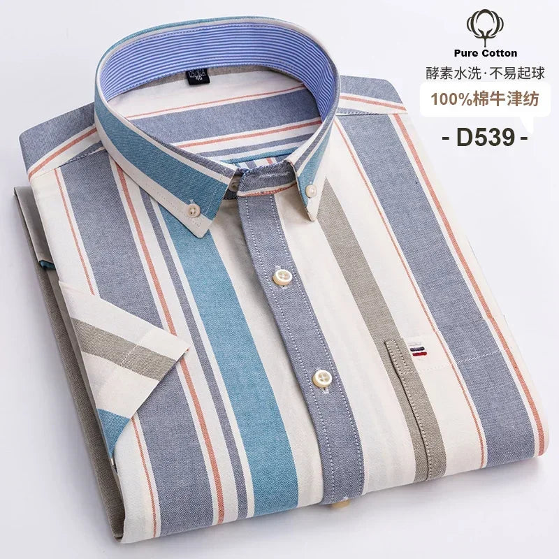 2026 100% Pure Cotton Men's Oxford Short Sleeve Square Collar Soild Plaid Striped Summer Casual Shirts Single Pocket  Shirt