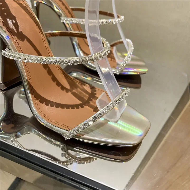 Women's Sandals  European and American Summer New High Heels Banquet Fashion Rhinestone Chain Open Toe Fine Heel Roman Sandals