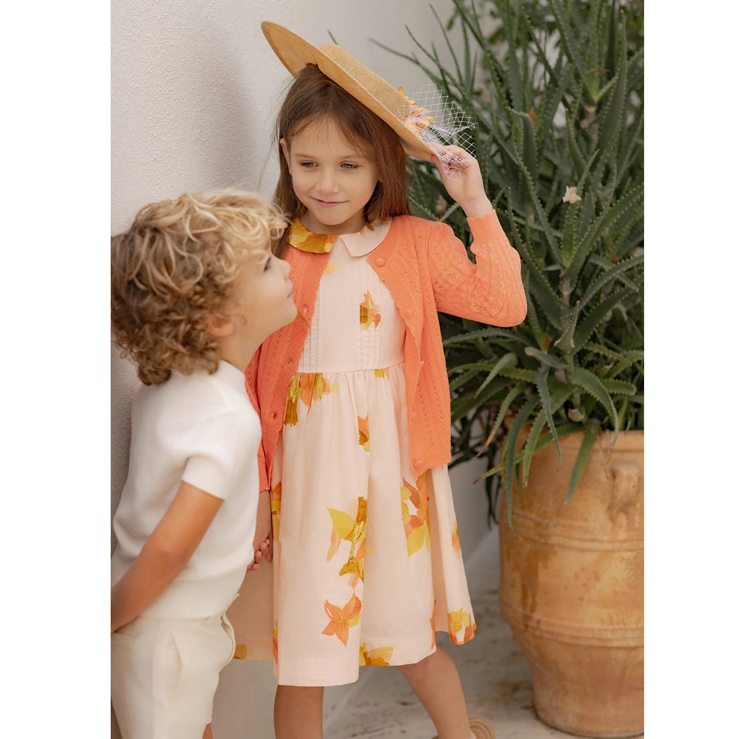 AP Spanish Sunset Collection SS26 Girls Puff Sleeves Dress Embroidery Sweater Boy V-neck Blazer Brothers Sisters Family Matching