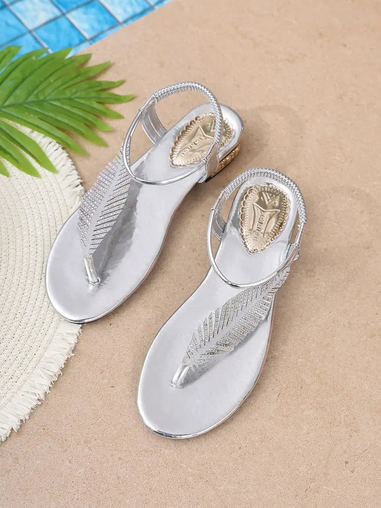 Women's Sandals Low Block Heel Rhinestone Leaf Thong Style Elastic Slingback Glossy Finish Summer Vacation Casual Dressy Shoes