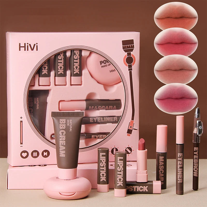 Marie Set de Maquillaje Navideño para Mujer — 9 Labiales, Polvo Compacto, BB Cream, Lápiz de Cejas, Máscara y Delineador para Mujeres y Niñas