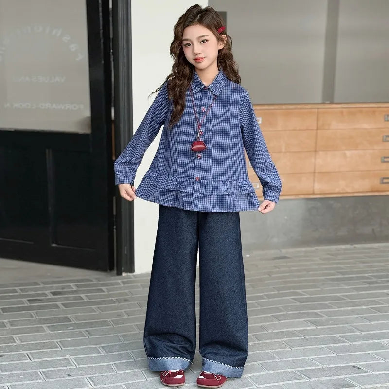 Girls Clothing Set Fashion Children Blue Plaid Loose Fit Sweet Doll Shirt +Cowboy Wide Leg Pants Two-piece Set Spring Autumn