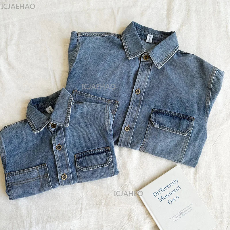 ‌2026 Mother-Child Mother and Son Daughter Matching Fashion Outfits Denim Jacket & Shirt Casual Kids and Adults Tops Autumn