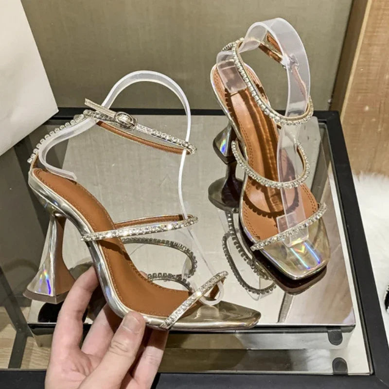 Women's Sandals  European and American Summer New High Heels Banquet Fashion Rhinestone Chain Open Toe Fine Heel Roman Sandals