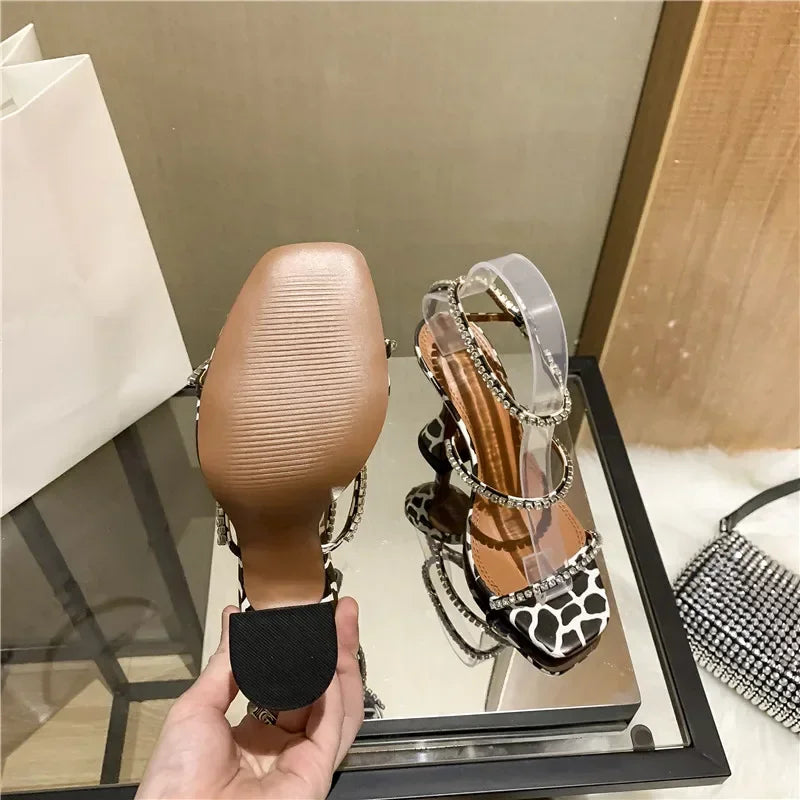 Women's Sandals  European and American Summer New High Heels Banquet Fashion Rhinestone Chain Open Toe Fine Heel Roman Sandals