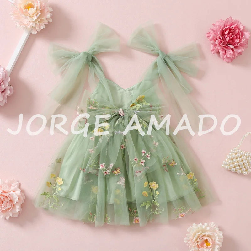 2026 Easter Kids Dress Girl Summer Dress Floral Bow Sleeveless Dance Performance Dress Girls Clothes E1236