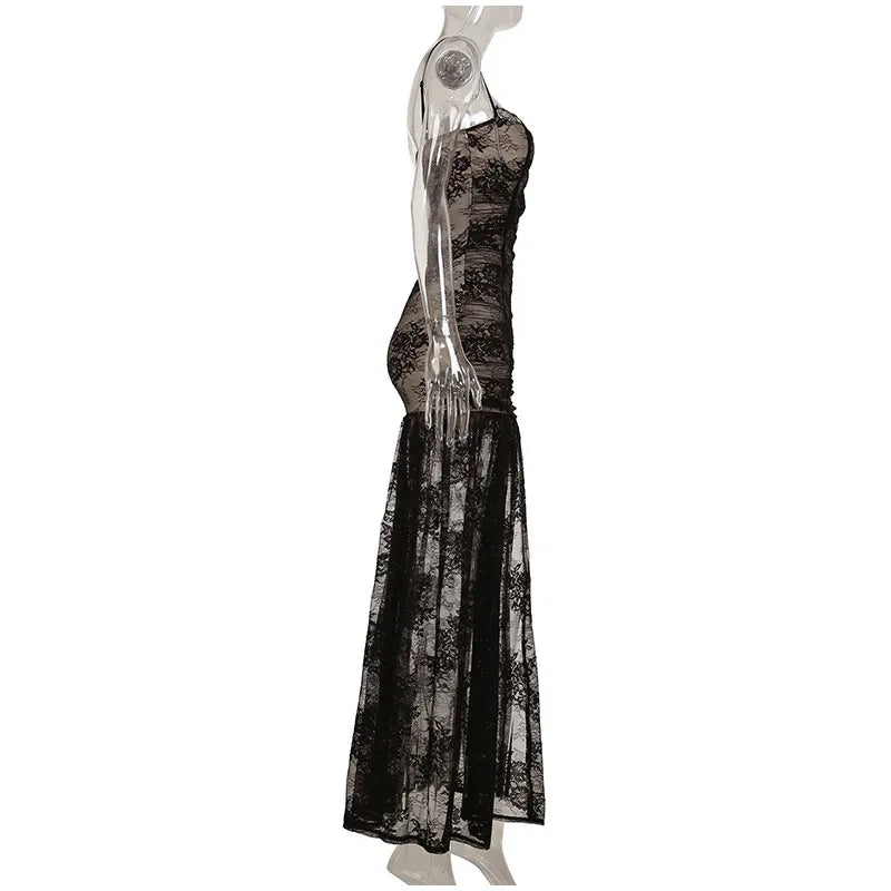 Sexy Lace Spaghetti Strap Dress Women Sleeveless Backless See Through Slim Split Long Dresses 2026 Spring Holiday Lady Robes