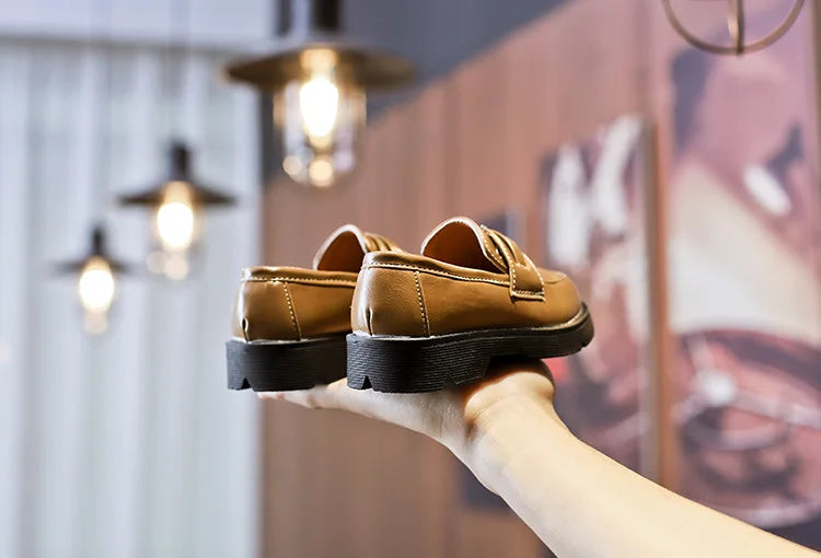 2025Kids Loafers Slip-on Pu Leather Shallow Black Brown Boys Girls Flat Shoes 21-36 Toddler Fashion Leisure Children Casual Shoe