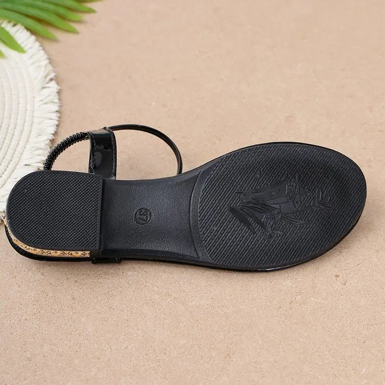 Women's Sandals Low Block Heel Rhinestone Leaf Thong Style Elastic Slingback Glossy Finish Summer Vacation Casual Dressy Shoes