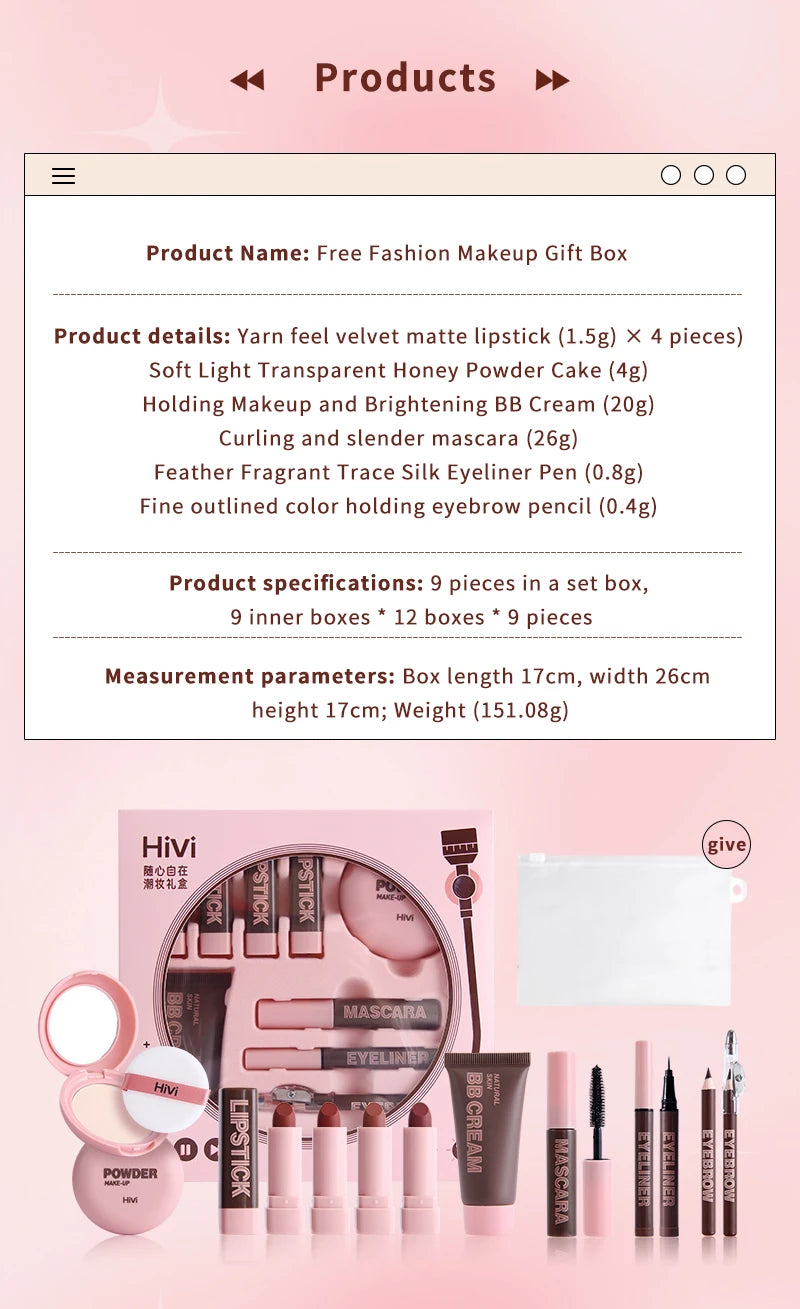 Marie Set de Maquillaje Navideño para Mujer — 9 Labiales, Polvo Compacto, BB Cream, Lápiz de Cejas, Máscara y Delineador para Mujeres y Niñas