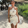 Hollow Out Halter Women Dress Sexy Backless Solid Mini Beach Dress Knitted Irregelar Petaling Short Dresses Female Slim Dress