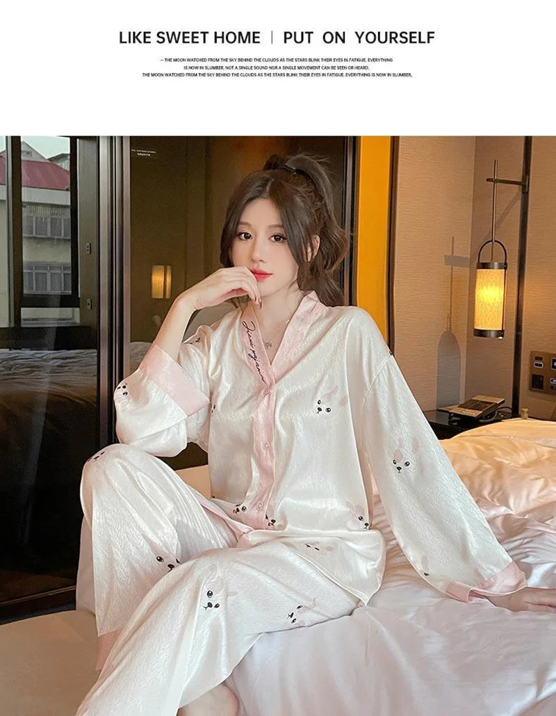 Maternity 2-Piece Set of Ice Silk Pajamas Comfortable Silk Long-Sleeved Trousers Herringbone Pattern Jacquard Silk Loungewear
