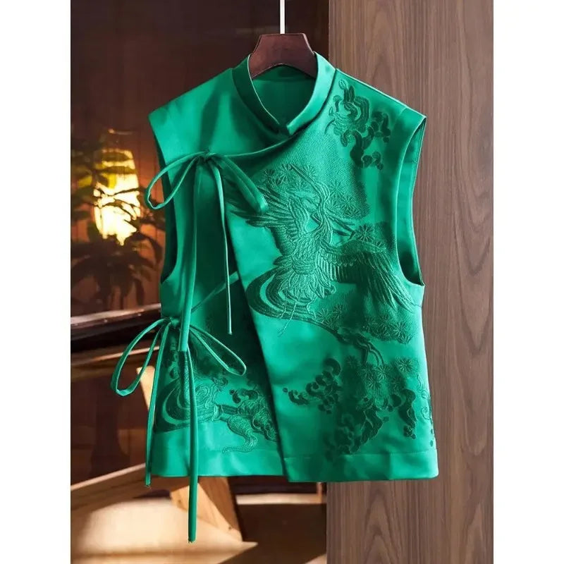 Chinese Style Top Women Tang Clothes Embroidery Phoenix Flower Qipao Lady Vest Vintage Clothing Casual Carnival Dress Up Party