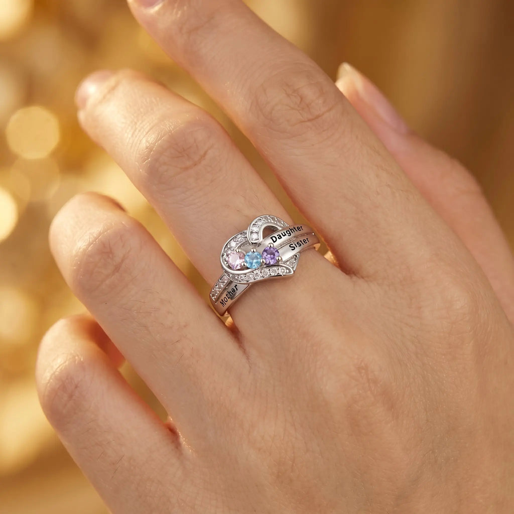 Mother Daughter Sisters Heart Ring, 925 Silver Plated with 3 Colorful Zircon Stones, Engraved Family Love Jewelry Gift for Women