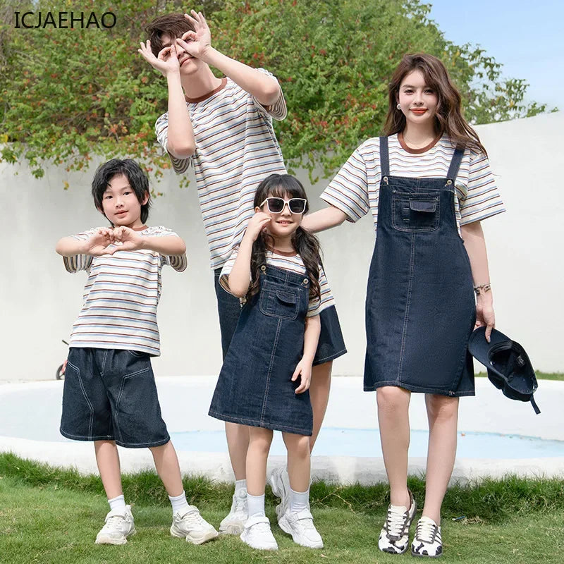 2025 Mom Daughter Father Son Family Matching Summer Cotton Mother Daughter Outfits Twin Wear Casual Striped Tshirt Overalls Set