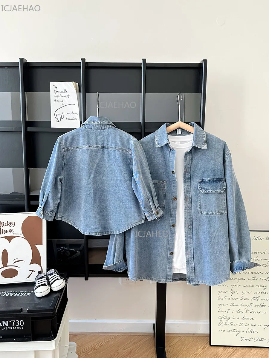‌2026 Mother-Child Mother and Son Daughter Matching Fashion Outfits Denim Jacket & Shirt Casual Kids and Adults Tops Autumn