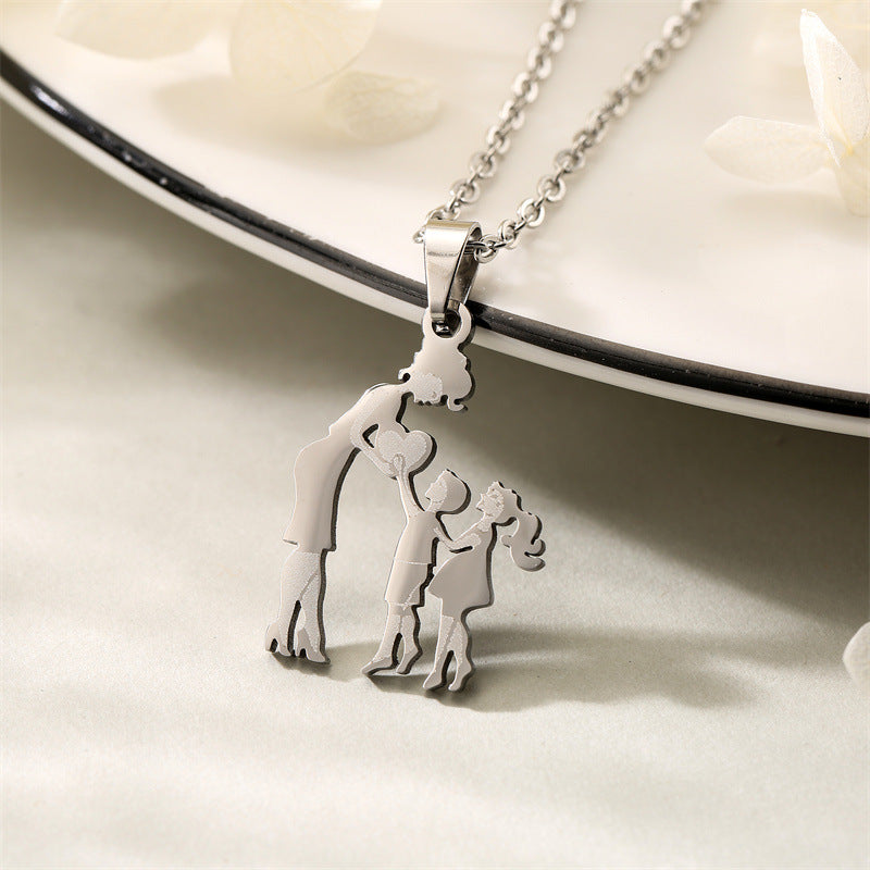 Mom and Father Daughter Sun Family Necklace Stainless Steel Chain Children Silver Color Pendant Jewelry Women Mother's Day Gift