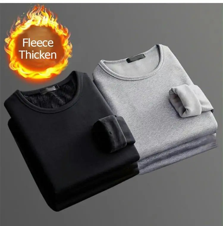 Epligg 1PCS Men's Long-sleeved Winter Thermal Underwear Plus Velvet Padded T-shirt Slim Solid Color O-Neck Bottoming Shirt