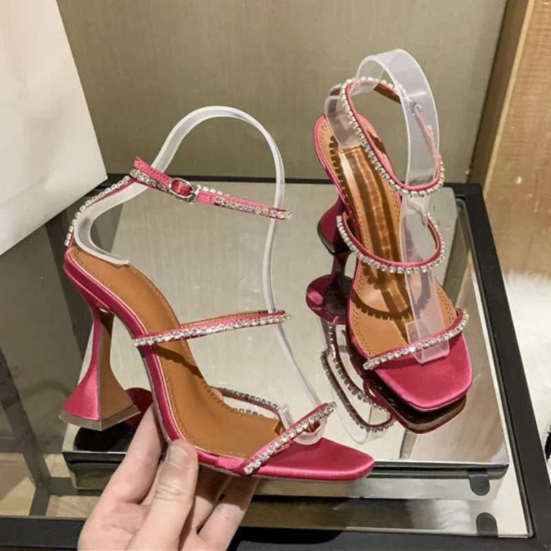 Women's Sandals  European and American Summer New High Heels Banquet Fashion Rhinestone Chain Open Toe Fine Heel Roman Sandals