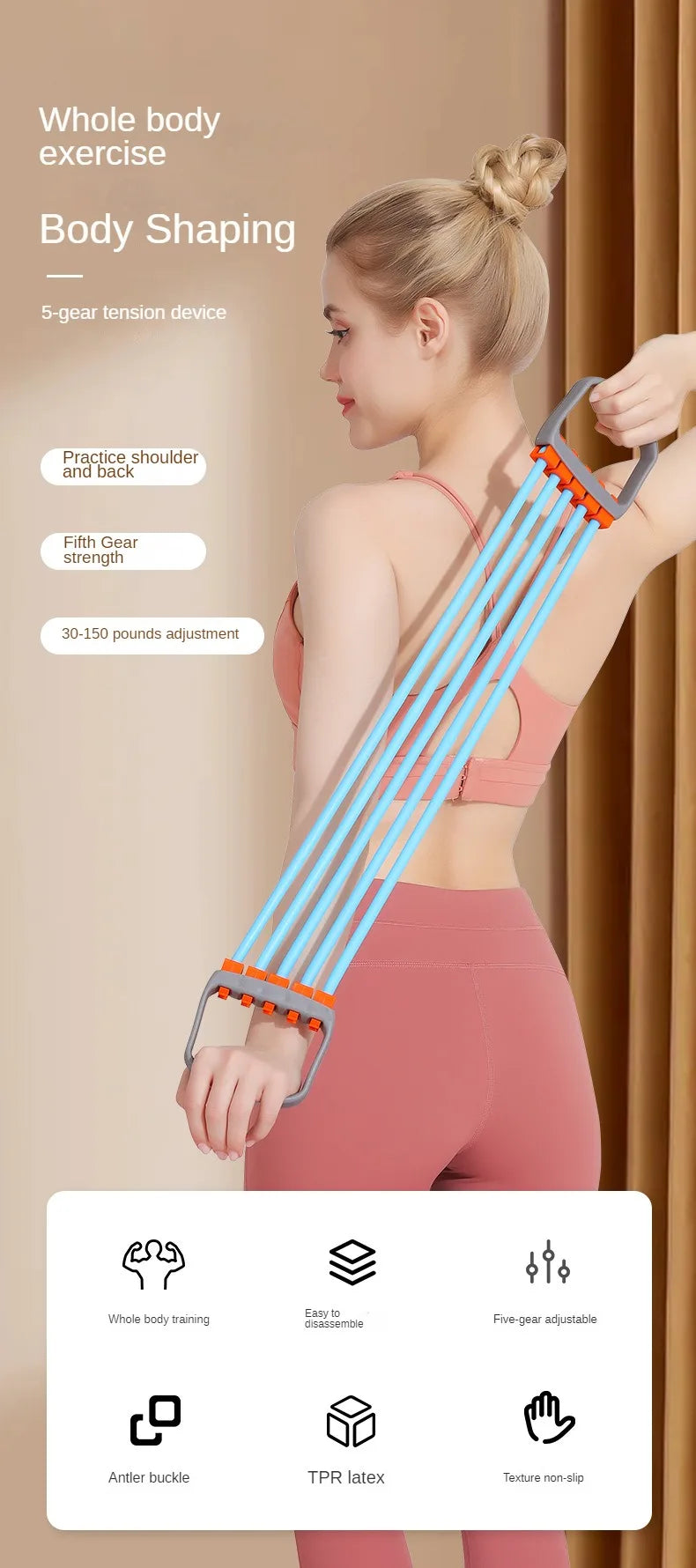 Full Body Workout Set - Chest Expander with 5 Removable Resistance Bands for Pilates, Push Ups, and Muscle Training - Strengthen