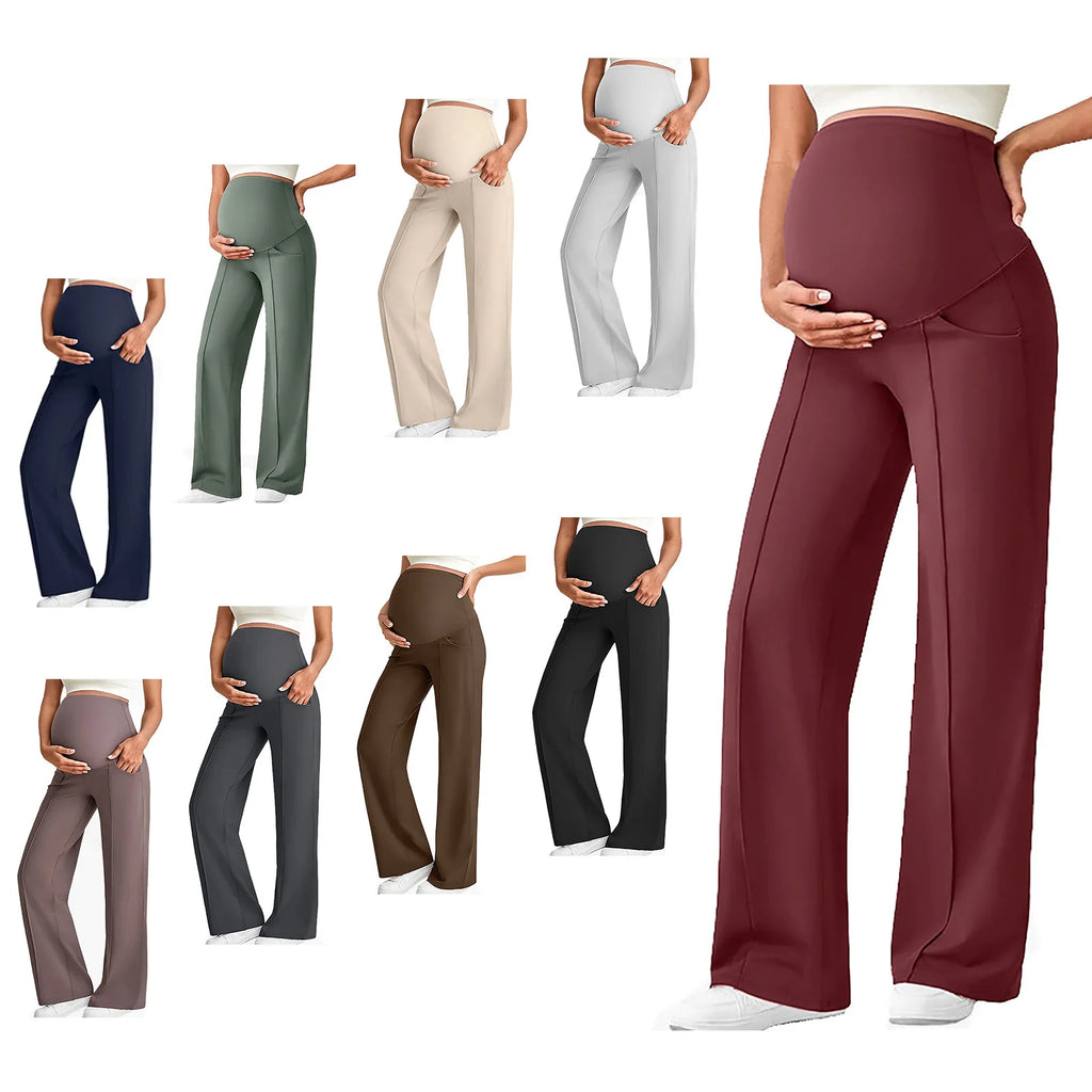 Maternity Pants Over The Belly Yoga Dress Elastic Waistband Stretchy Wide Leg Work Pregnancy Trousers with Pockets Sportswear