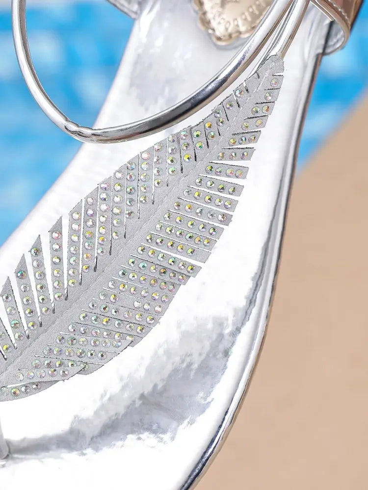Women's Sandals Low Block Heel Rhinestone Leaf Thong Style Elastic Slingback Glossy Finish Summer Vacation Casual Dressy Shoes
