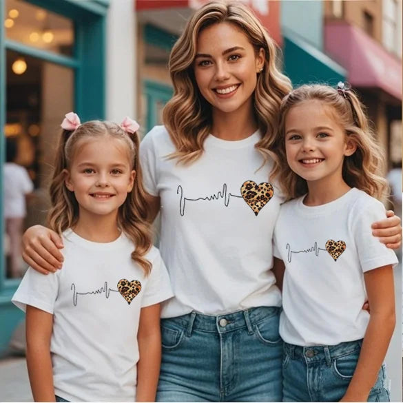 Leopard Heart Family T-shirt Mom Daughter Short Sleeve Tops Parent Child Set Mother Girl Summer Tees