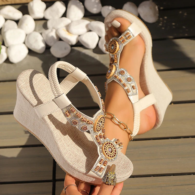 Summer Beach Bohemian Style Beaded Sandals Women Wedge Heel Platform Vocation Shoes Woman Plus Size 43 Super High Heels Sandels