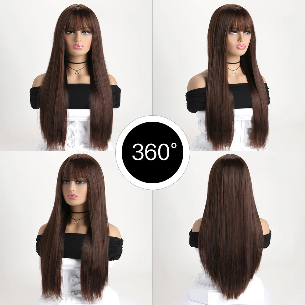 Wig with Bangs for Women  Long Straight Heat Resistant Synthetic Wig for Daily Use, Party, Halloween, Cosplay 26 Inch Wig for