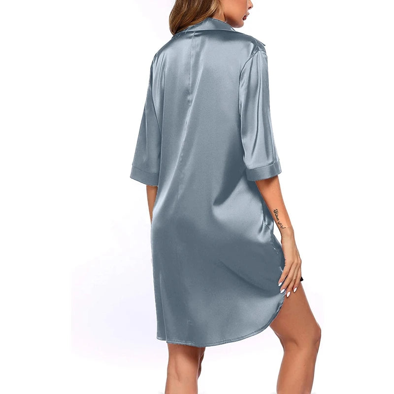 Elegant Satin Nightshirt Solid Lapel Button-Up Shirt Dress Breathable Fabric Smooth Texture Charming Women's Nightgown Sleepwear