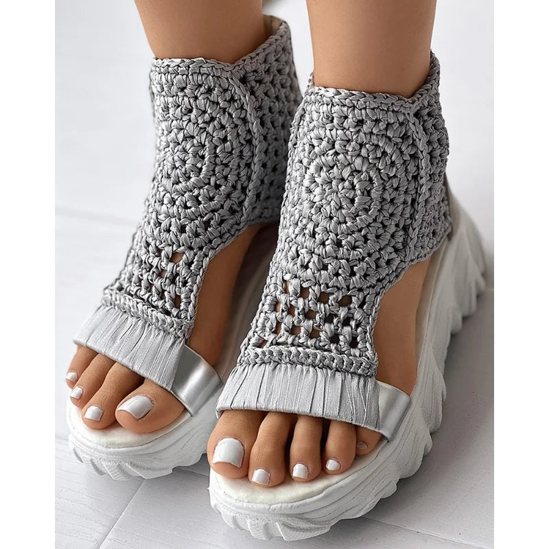 Sandals Women Braided Geometric Wedge  Knitted Elastic Summer Shoes Mesh Flat  Hollow Female Platform
