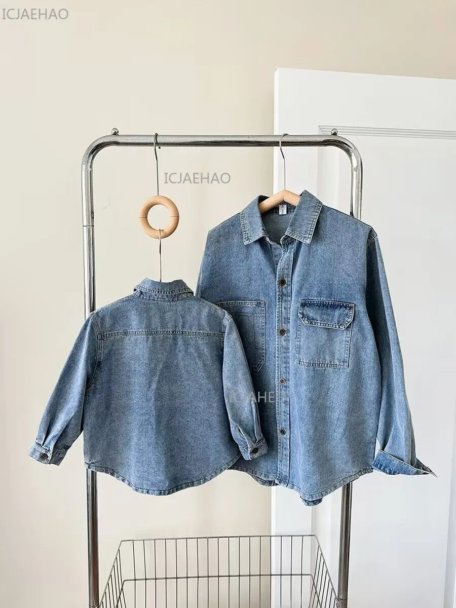 ‌2026 Mother-Child Mother and Son Daughter Matching Fashion Outfits Denim Jacket & Shirt Casual Kids and Adults Tops Autumn