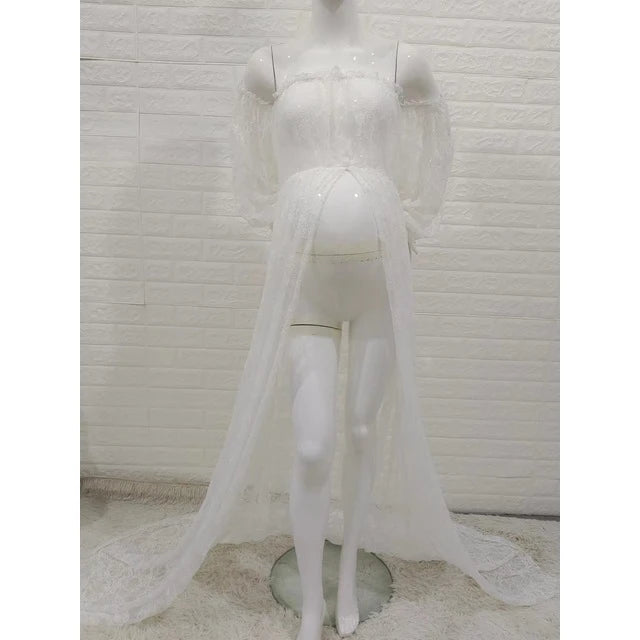 Maternity Photography Dresses Sexy Off Shoulder Mesh Lace Maxi Dress White Long Pregnancy Women Gown Photoshoot Props Accessorie