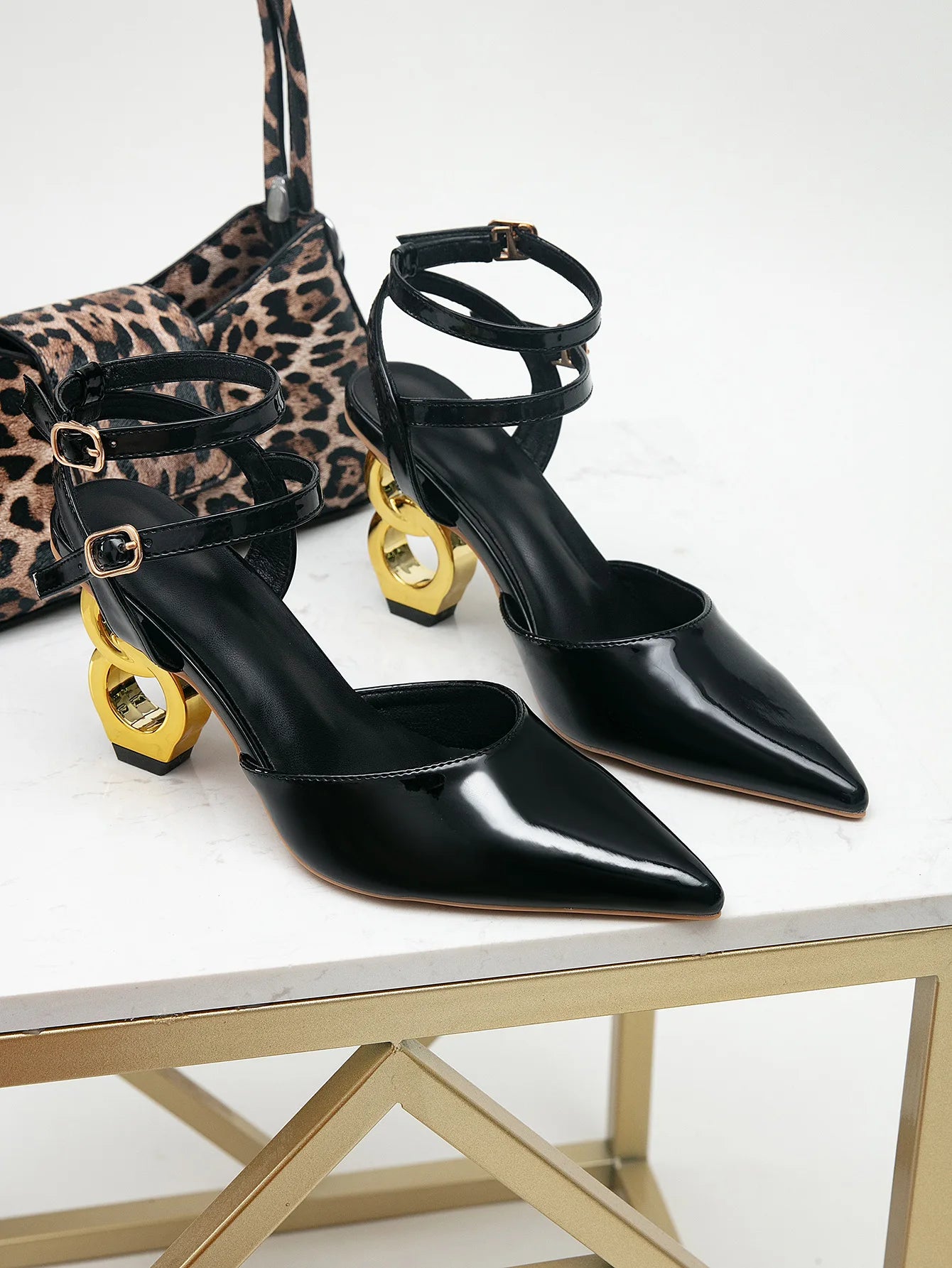 Elegant Gold Strange Heels Sandals Women Sexy Pointed Toe Ankle Strap Office Lady Party Shoes High Heels Sandals