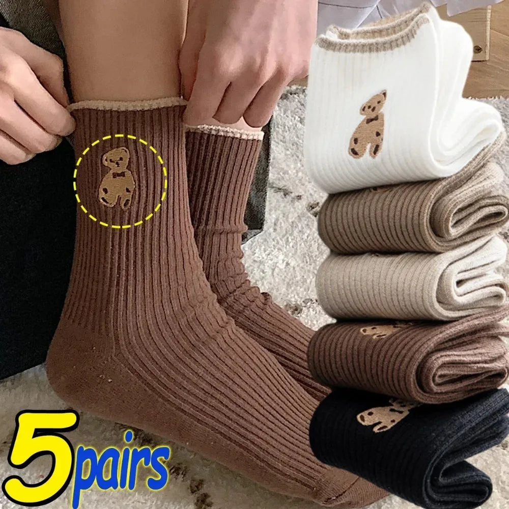 5pairs Cartoon Bear Socks Soft Cotton Socks Autumn Coffee Stockings Kawaii Women Socks Korean Casual Stockings Women Hosiery