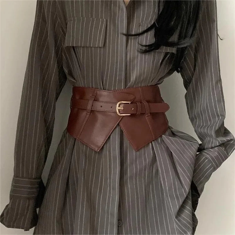 Fashion Decorative Wide Belts Women Black Coffee Elastic PU Waistband Classic Pin Buckle Belts Corset Cincher for Dresses Coats