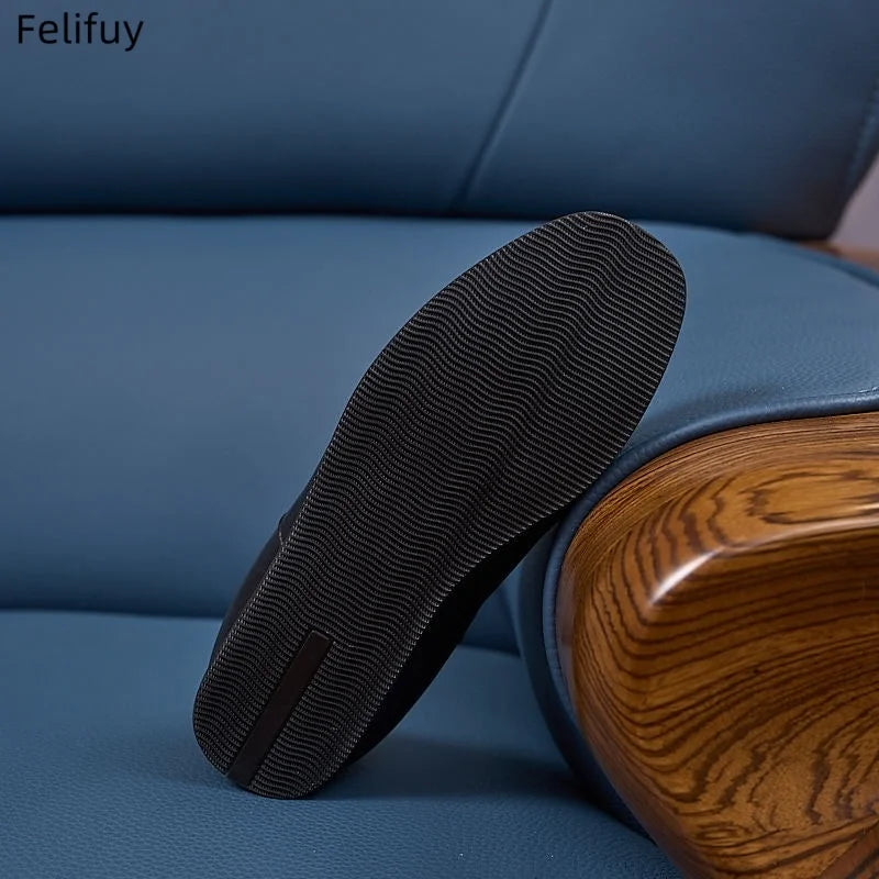Black Casual Low-Heel Men's Genuine Leather Flat Shoes Korean Style Slip-On Loafers Fashionable Black Business Shoes round Toe